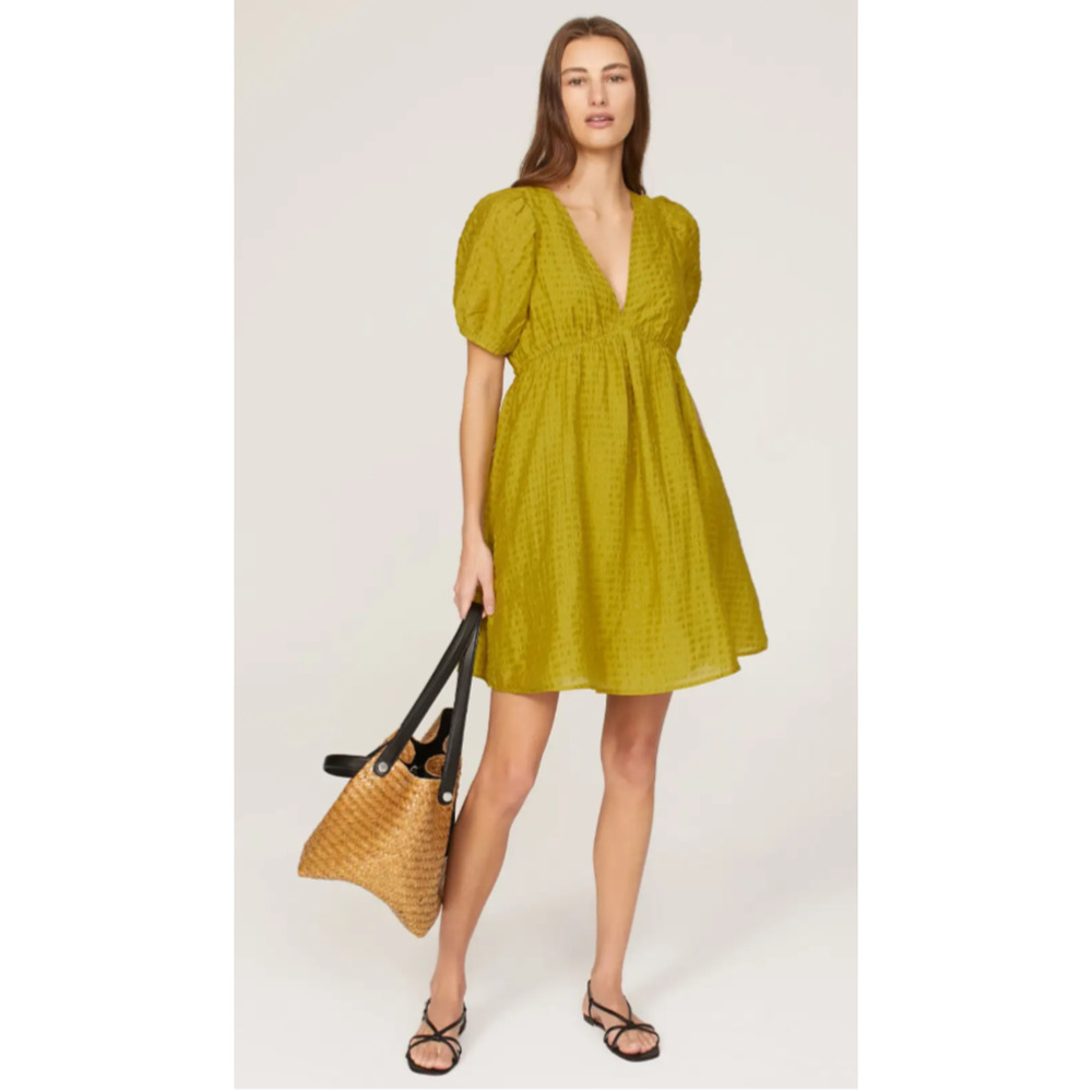 Madewell Olive Green Textured V-Neck Puff Sleeve Midi Dress